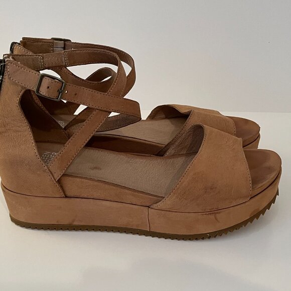 Eileen Fisher Emmy Tumbled Tan Nubuck Leather Platform Strappy Wedge Sandals 8.5 - Picture 1 of 10